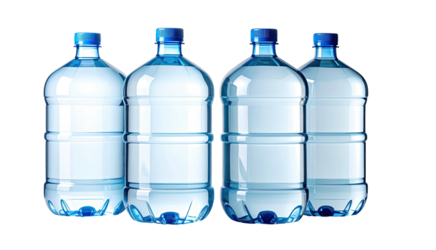 Four clear water bottles with blue caps, on black background