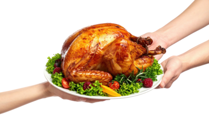 Roasted turkey platter being held by two hands on black