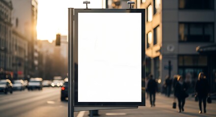 Blank billboard in a city street at sunset with people walking by, ready for advertising content