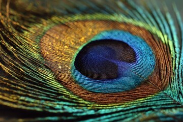 Obraz premium Vibrant closeup of a peacock feather showcasing intricate colors and patterns under natural lighting