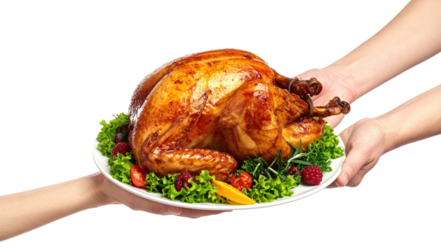 Roasted turkey platter being held by two hands on black