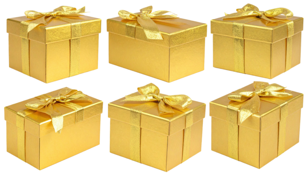 Golden gift boxes with ribbon and bow on a black background