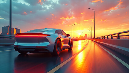 Futuristic electric car driving on highway at sunset