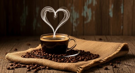Aromatic hot coffee in a clear glass cup, with steam forming a heart shape, surrounded by roasted coffee beans on burlap fabric, with a wooden background