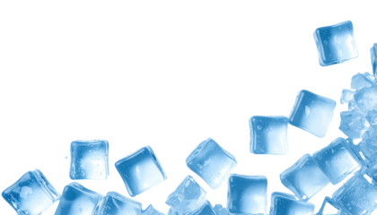 Cool ice cubes scatter, icy blue tint against black background