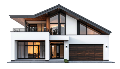 Modern home exterior with angled roof and white facade