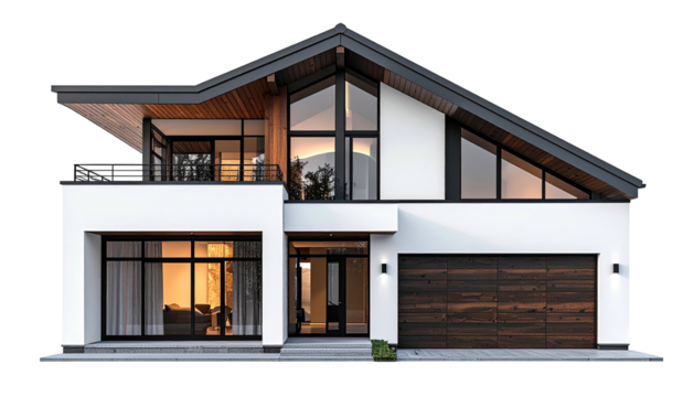 Modern home exterior with angled roof and white facade