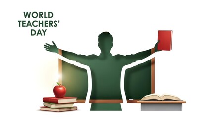 World Teachers Day Celebration with Teacher Silhouette and Books.