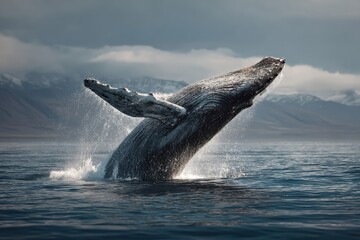 Fototapeta premium Breaching whale displays remarkable acrobatics against a backdrop of mountains and sea during daytime