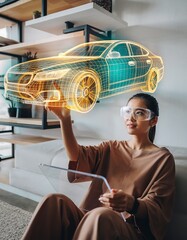 Young Asian female designer using augmented reality glasses to interact with 3D wireframe car model in modern living room, futuristic technology concept
