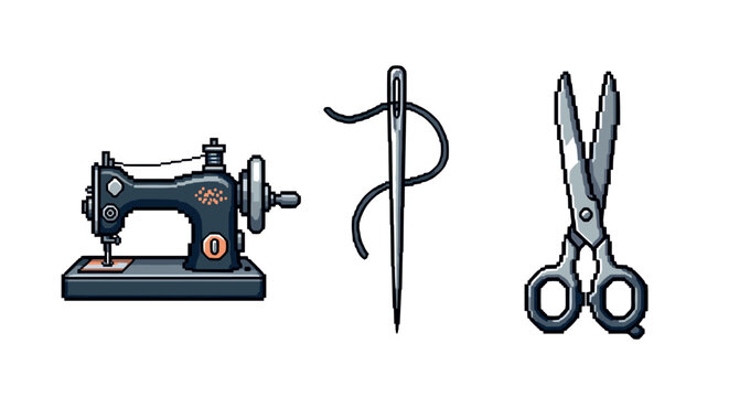 Retro pixel art sewing tools with sewing machine, needle, and scissors