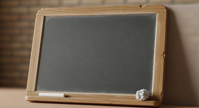 A simple chalkboard with a piece of chalk and a crumpled paper ball, perfect for educational, creative, or office-related content, offering a blank slate for messages, lessons, or ideas