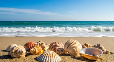Collection of various seashells resting on a sandy beach with gentle waves rolling in under a clear blue sky, evoking a sense of summer vacation and coastal beauty