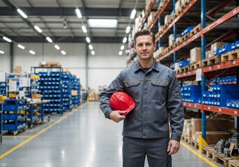Worker standing confidently in a warehouse setting holding a helmet while surrounded by organized shelves of materials