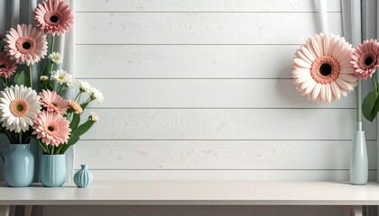 明るい白木の横板の壁を背景に、パステルカラーのガーベラや小さな白い花が飾られた、清潔感あふれる空間。手前には白いカウンターのような台があり、左側には水色の花瓶に生けられたピンクと白のガーベラ、右側には背の高い花瓶に大きなガーベラが一輪飾られている。テキストスペース、サムネイル