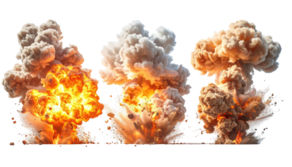 Three vibrant, mushroom-cloud-shaped explosions on black