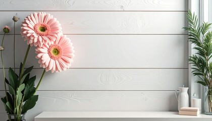 レトロな風合いの木製の壁の背景。（テキストスペース）。左端には、淡いピンクのガーベラ。
