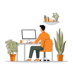 Person working at a desk with plants and computer on a transparent background isolated on transparent background