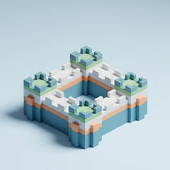 Obraz premium A 3D isometric illustration of a colorful toy castle wall or keep made of blocks