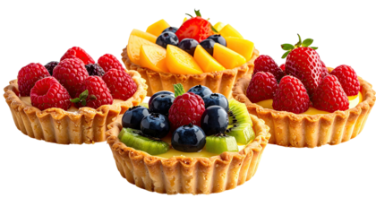 Assorted fruit tarts on a black backdrop