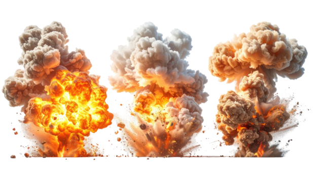 Three vibrant, mushroom-cloud-shaped explosions on black