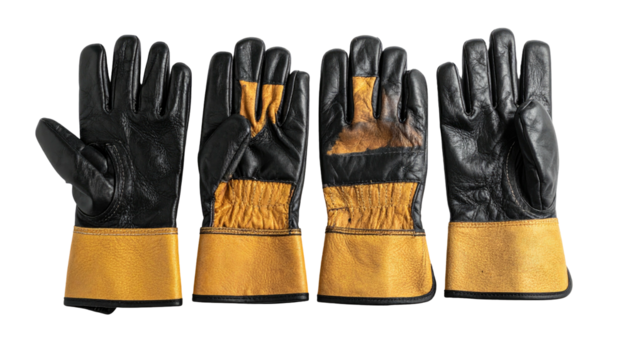 Four black/tan work gloves, two facing up, isolated