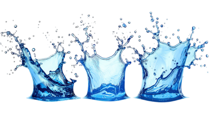 Three water splashes bursting upwards on black background