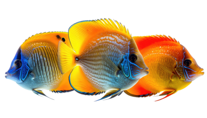 Three colorful fish swim in a row on a stark black background