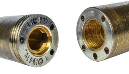 Metal tubes showing brass threading with an inscription on one end