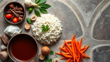 Asian cuisine ingredients arranged on stone, rustic and fresh in natural overhead light.