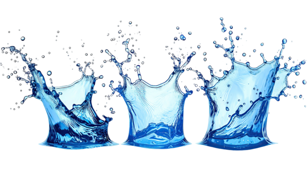 Three water splashes bursting upwards on black background