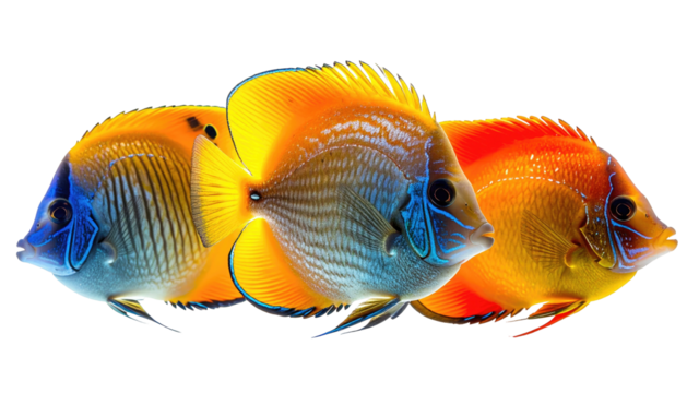 Three colorful fish swim in a row on a stark black background
