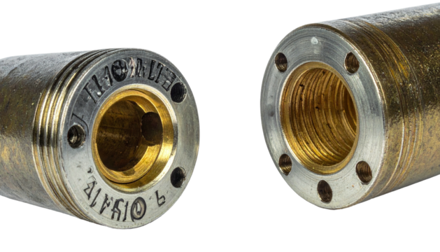 Metal tubes showing brass threading with an inscription on one end