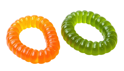 Orange and green ribbed gummy rings against black background