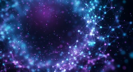 Abstract network of glowing blue and purple lights connected by lines, depicting a digital connection or constellation in a dark cosmic space