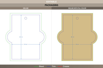 Rectangular with semicircle tag dieline drawn using vector structure refining printing layout packaging fold die line defines semicircular arc maintaining flat lower frame
