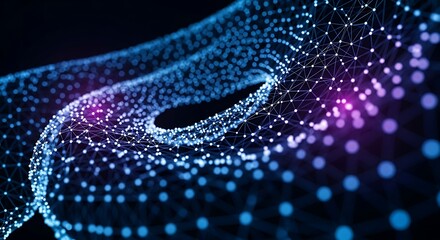 Abstract network of glowing blue and purple dots connected by lines, representing a digital or technological concept with a sense of depth and complexity, abstract background, futuristic visualization