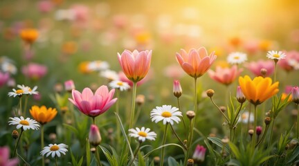 Fototapeta premium Colorful Spring Floral Meadow with Vibrant Blooms and Warm Light