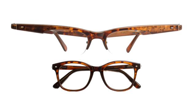 Tortoiseshell glasses, one folded, one frontal view, on black