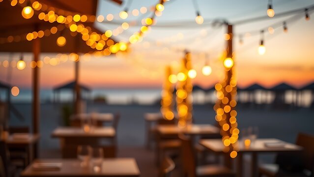 Beach restaurant at golden hour with string lights, evoking a warm and inviting atmosphere.