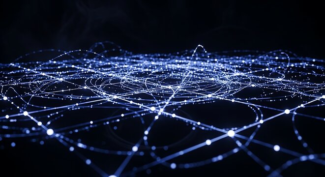 Abstract network of glowing blue nodes and lines representing data connections and digital information flow on a dark background