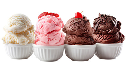 A row of four ice cream scoops served in white ramekins, showcasing vanilla, strawberry, chocolate, and dark chocolate flavors with toppings for a tempting dessert display.