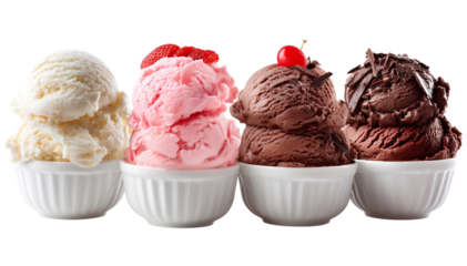 A row of four ice cream scoops served in white ramekins, showcasing vanilla, strawberry, chocolate, and dark chocolate flavors with toppings for a tempting dessert display.