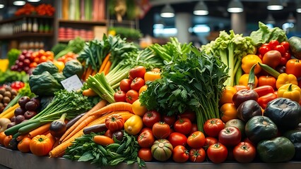 An artistic arrangement of fresh vegetables on a market counter with soft overhead lighting.