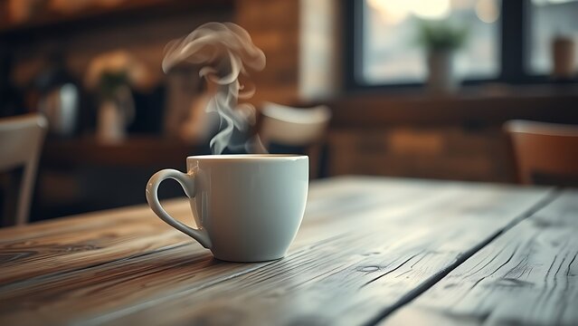 A steaming coffee cup on a rustic wooden table, bathed in soft morning light.