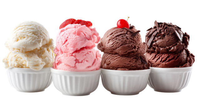 A row of four ice cream scoops served in white ramekins, showcasing vanilla, strawberry, chocolate, and dark chocolate flavors with toppings for a tempting dessert display.