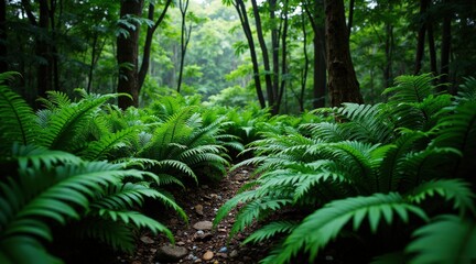 Fototapeta premium Lush Green Ferns in a Serene Forest Pathway Surrounded by Trees