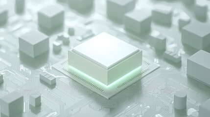 Close-up view of a white high-end semiconductor on a sleek electronic board, featuring glowing light green circuitry and ample copy space