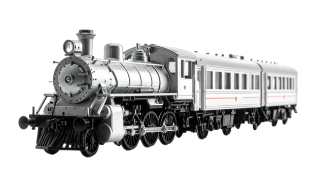 Steam train model, engine and passenger cars, silver and black