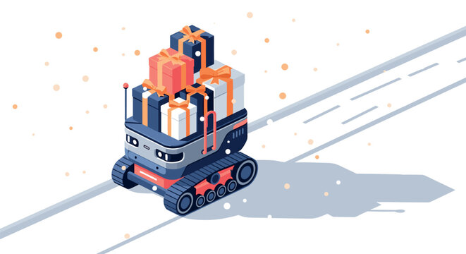 Futuristic delivery robot transporting packages on city street